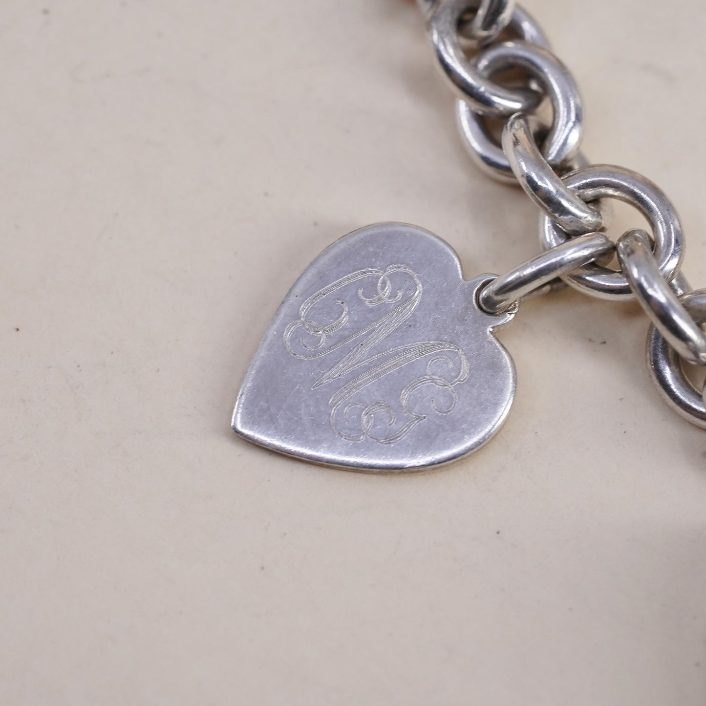 5.25", Vintage sterling silver bracelet, 925 filigree heart charm monogram CGM