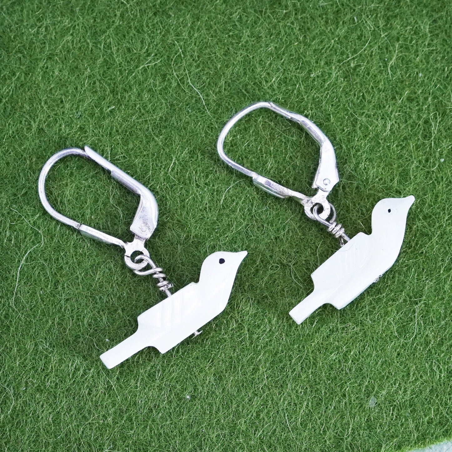 Vintage sterling 925 silver handmade earrings with mother of pearl bird
