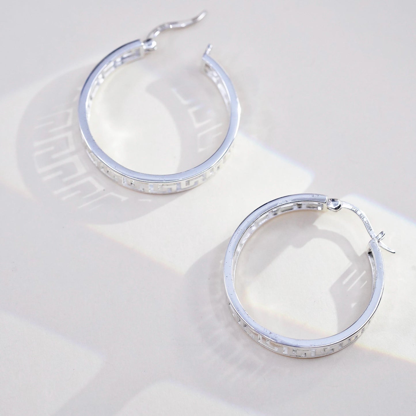 1", Vintage 925 sterling silver loop earrings, fashion Greek key openwork hoops