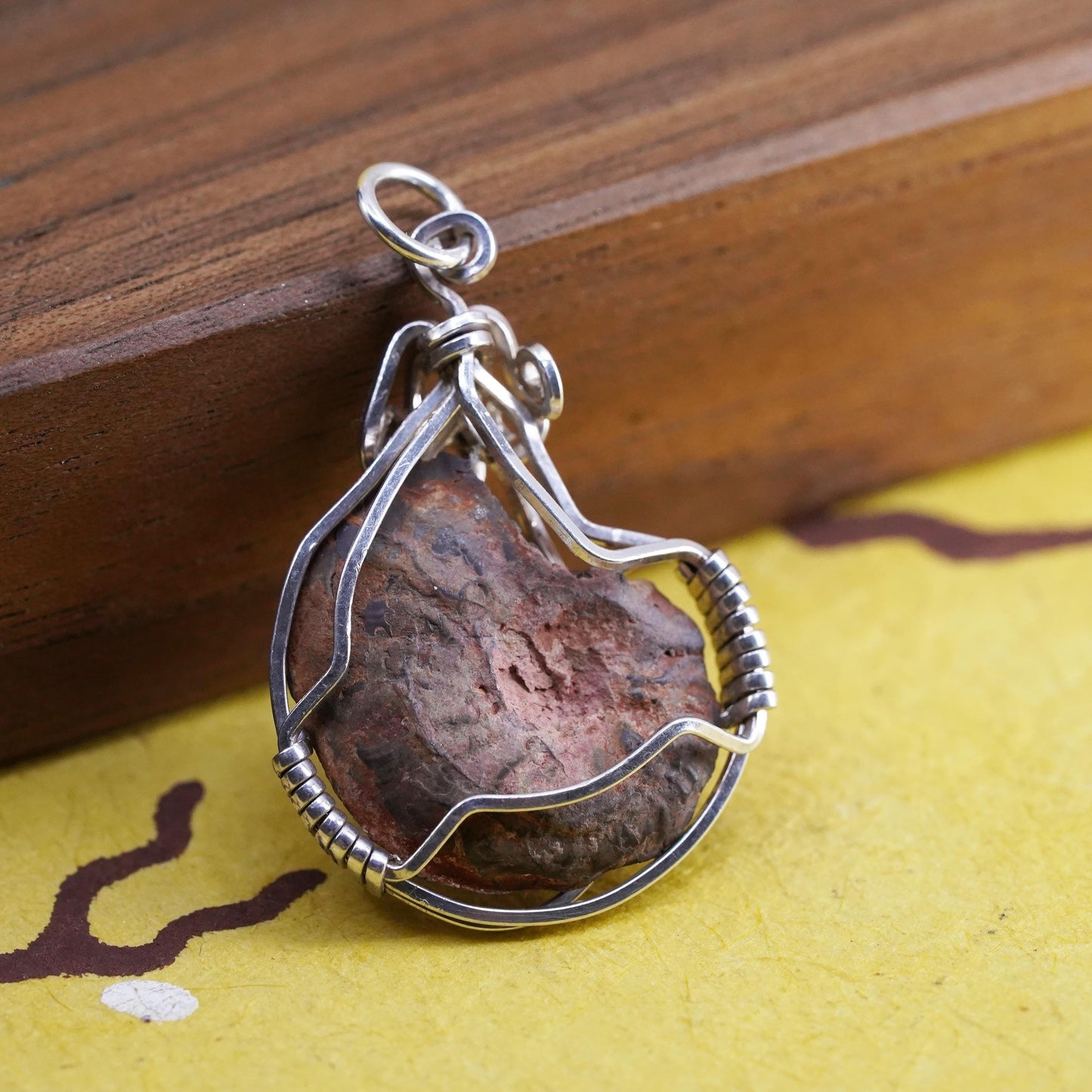 Vintage Sterling silver handmade pendant, solid 925 silver wired fossil shell