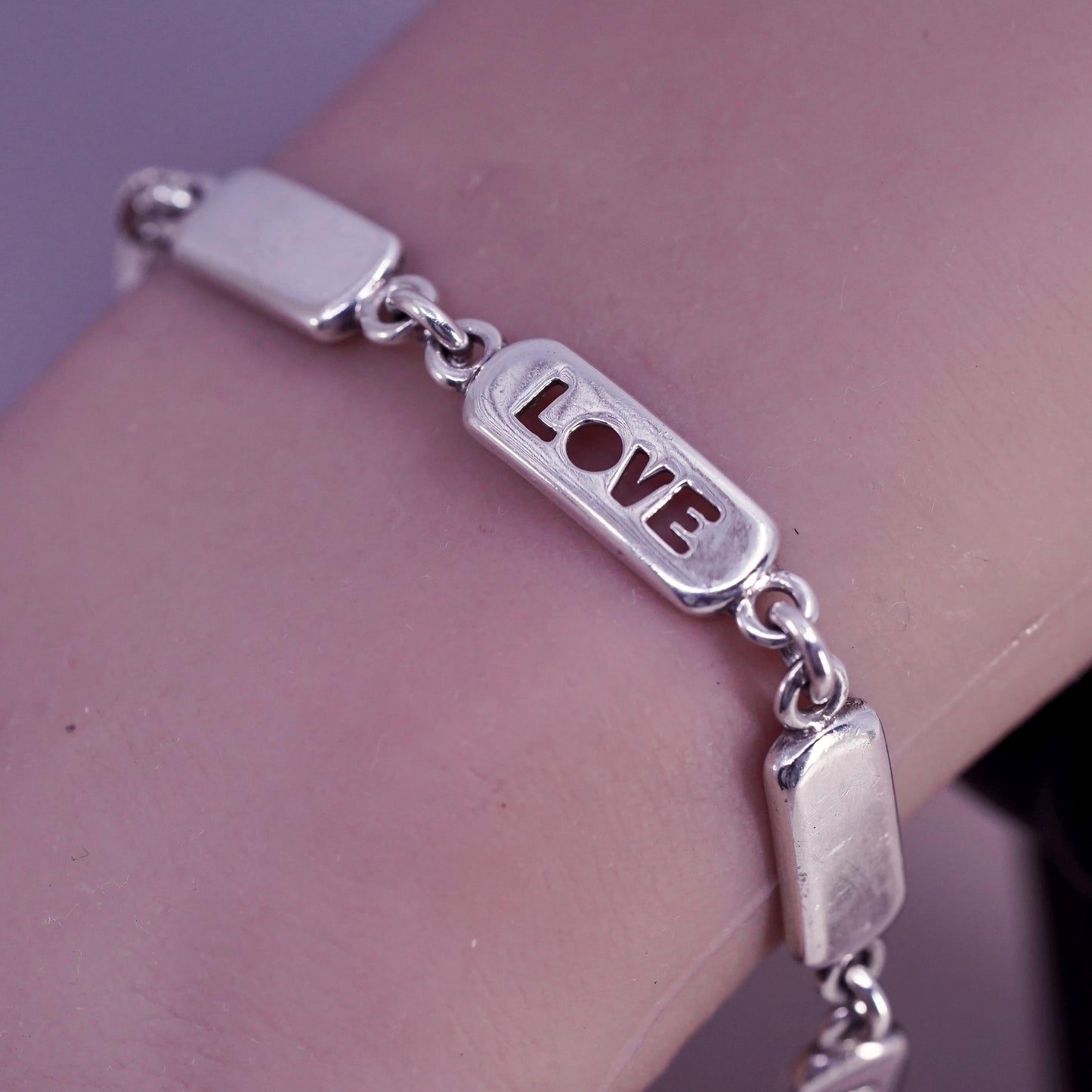 7.5", vintage Sterling silver handmade bracelet, 925 bar with love cutout