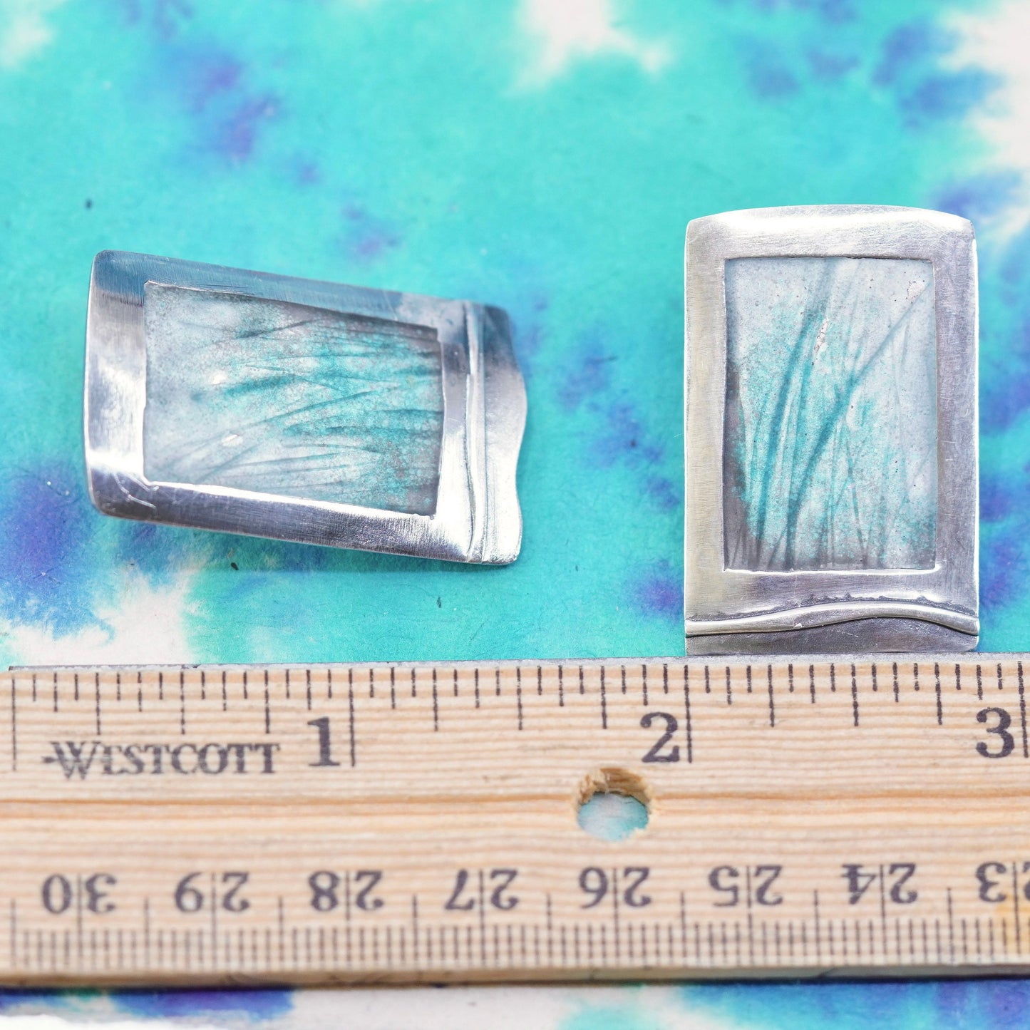 unique Sterling silver handmade earrings, rectangular studs with grass texture