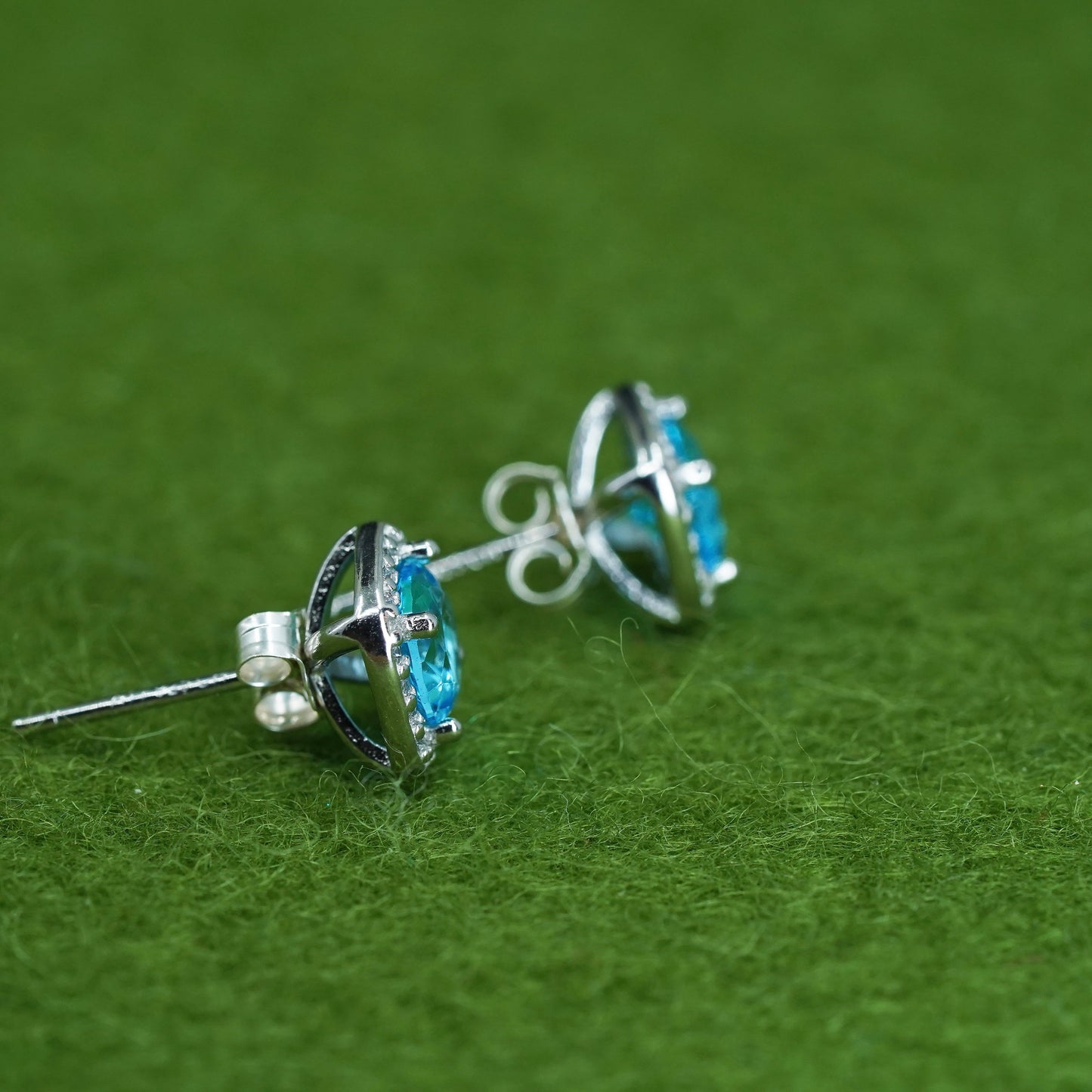 vintage sterling silver earrings w/ blue topaz and cz around, 925 silver studs