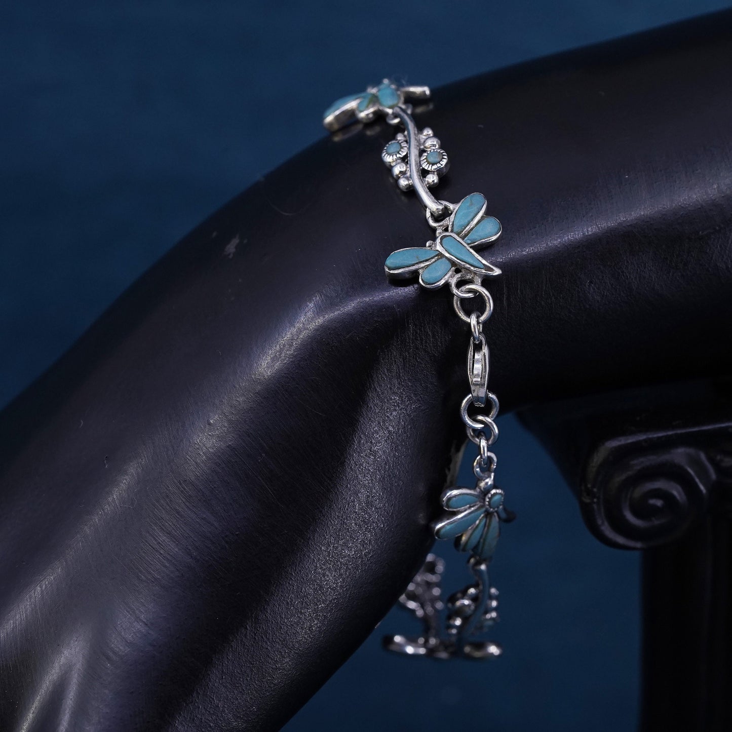 7”, vintage southwestern sterling 925 silver dragonfly bracelet with turquoise