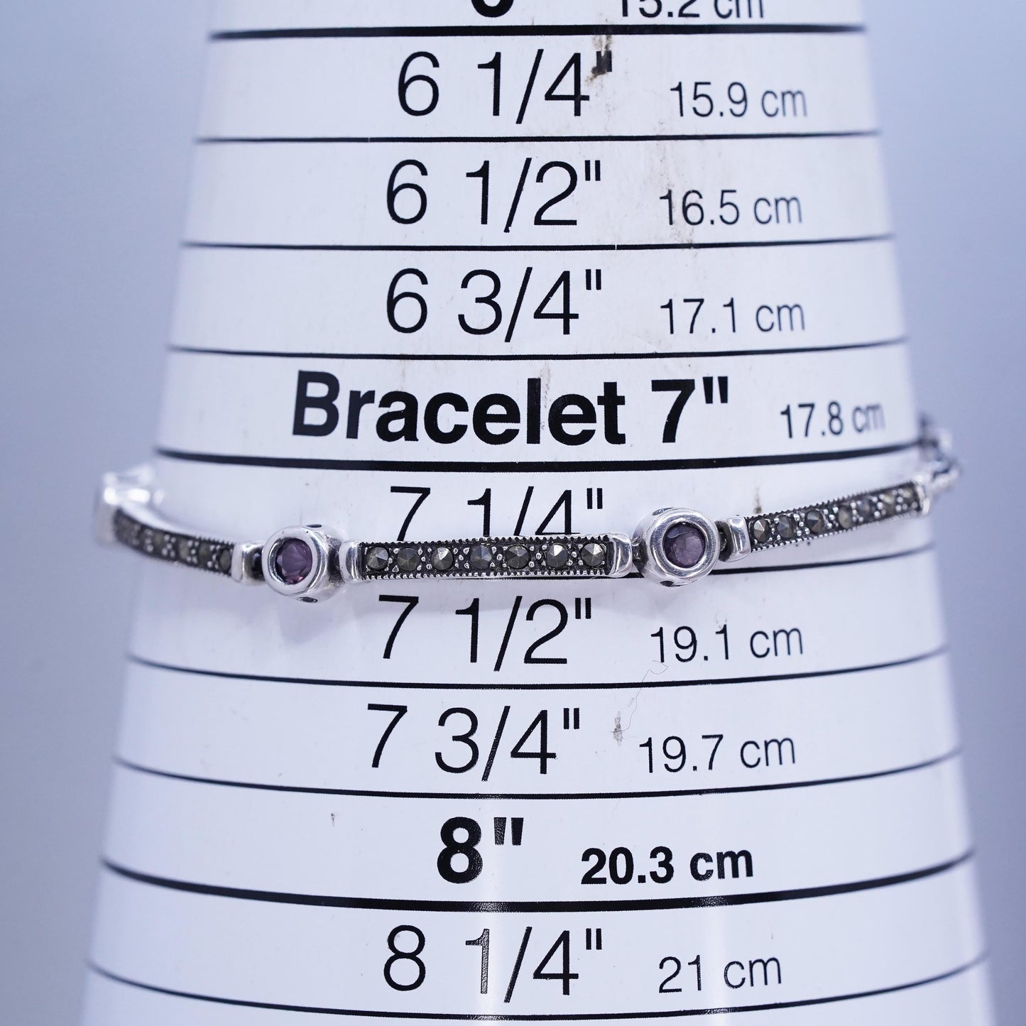 7.5”, Sterling 925 silver handmade bracelet, marcasite amethyst tennis chain