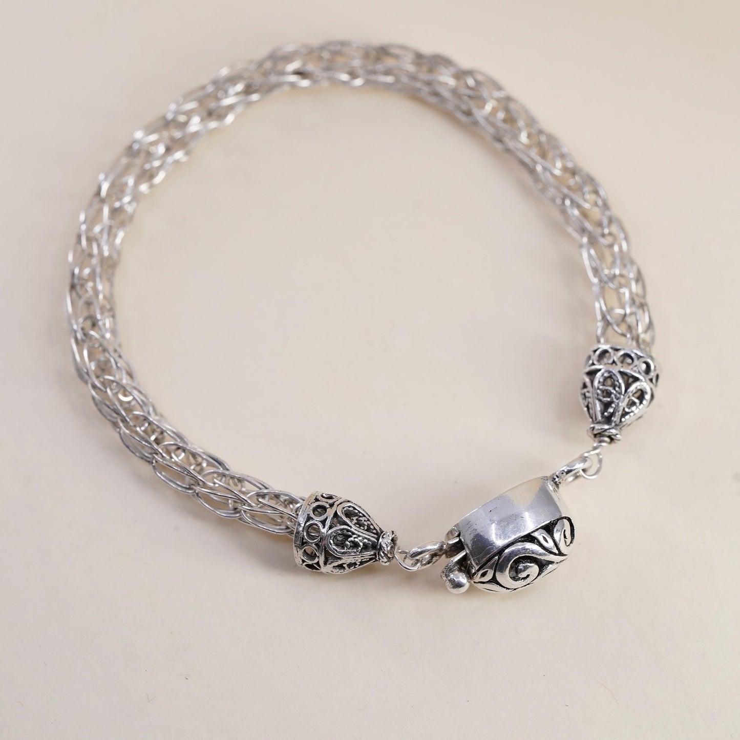 6.25”, vintage sterling silver bracelet, 925 wheat chain with filigree clasp
