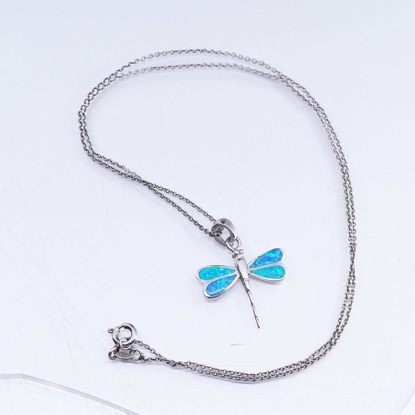 18", vintage Sterling 925 silver circle chain necklace opal dragonfly pendant