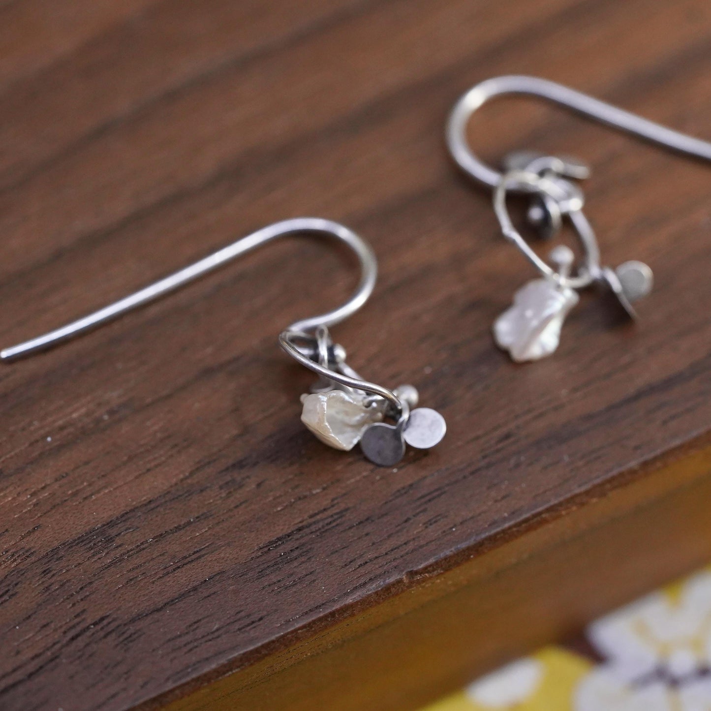 Vintage Sterling silver handmade earrings, 925 circle with pearl disc dangles