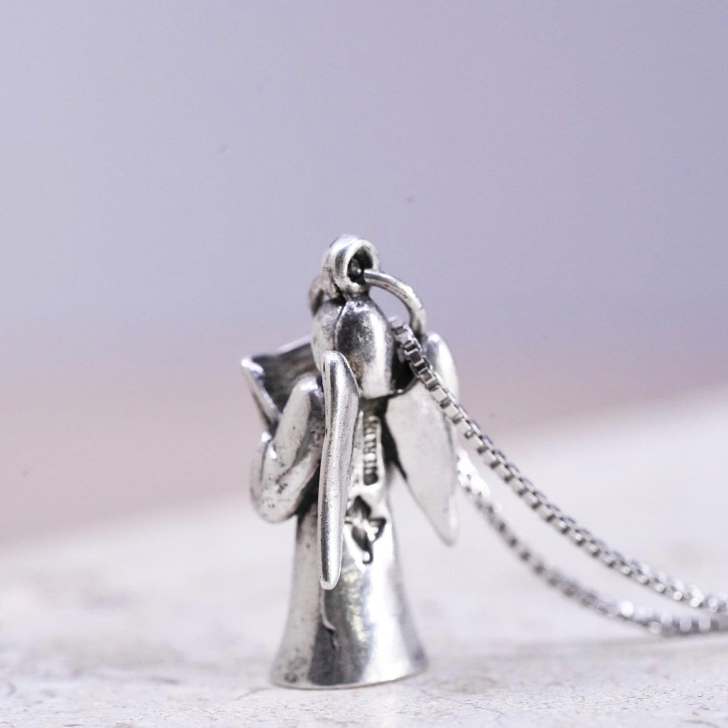 18”, sterling 925 silver handmade box chain necklace with angel charm pendant
