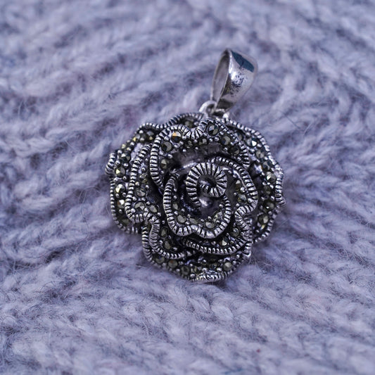 Vintage Sterling 925 silver handmade flower pendant with marcasite