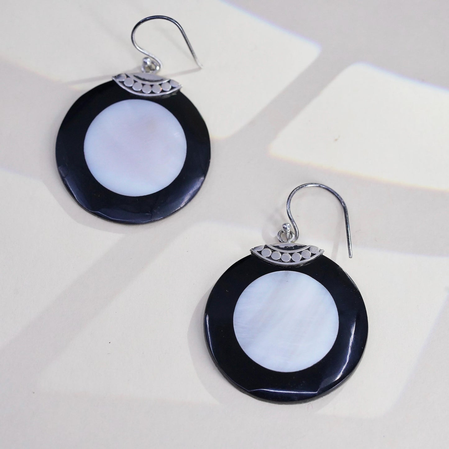 Vintage sterling silver handmade earrings, two tone mother of pearl round drops