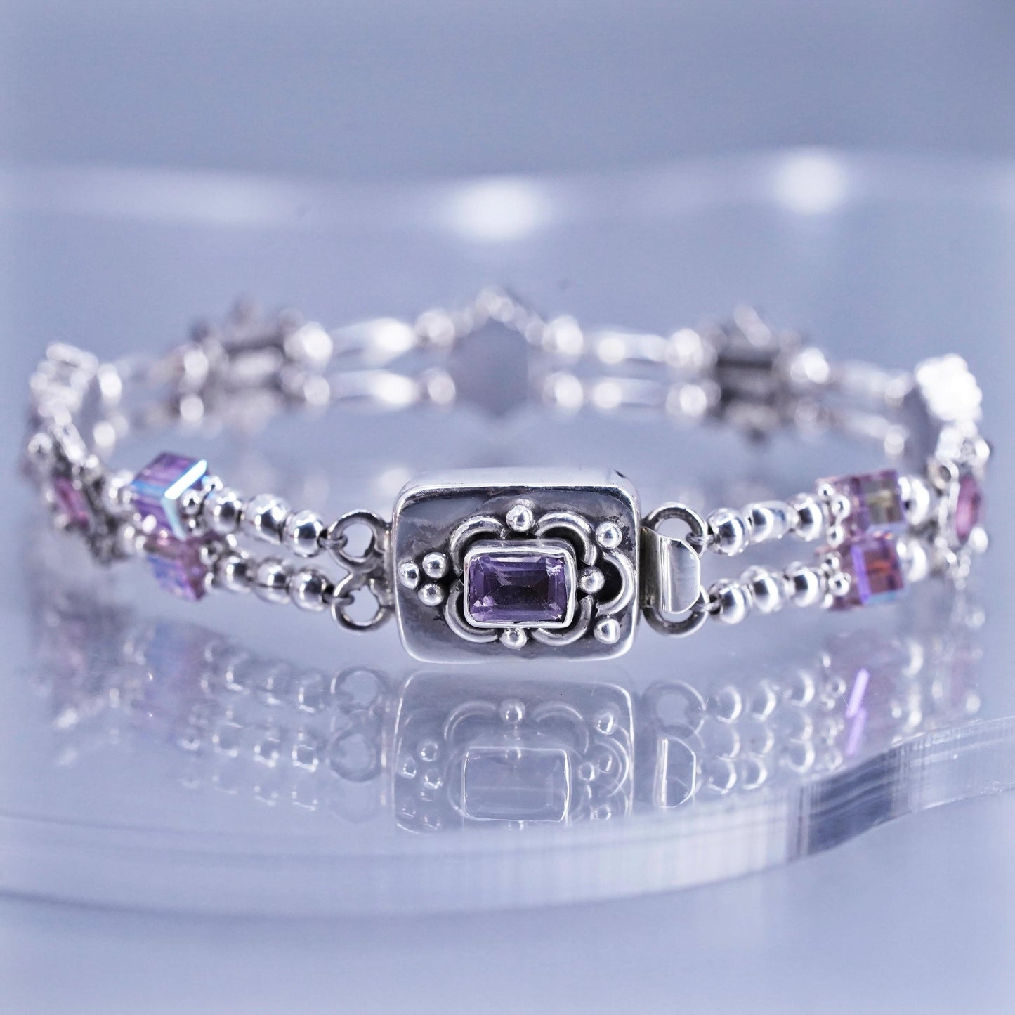 6.5”, Vintage Sterling 925 silver tennis bracelet chain with amethyst