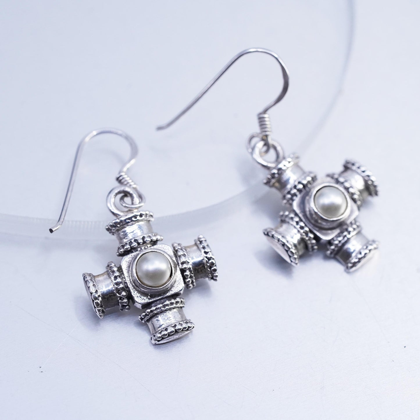 VTG Sterling 925 Silver Cross Earrings with Pearl, Dangle Earrings, Gothic Boho