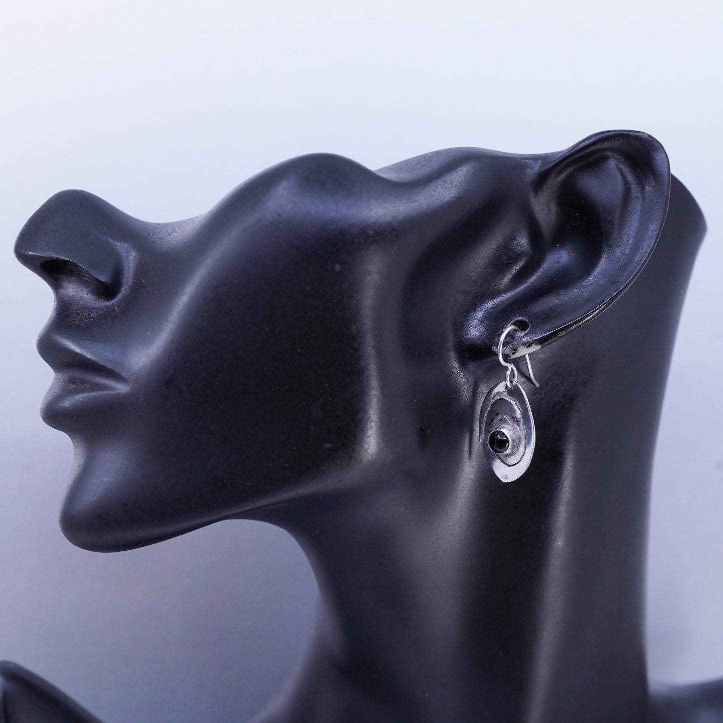 Vintage Sterling 925 silver handmade spiral cut earrings with black onyx
