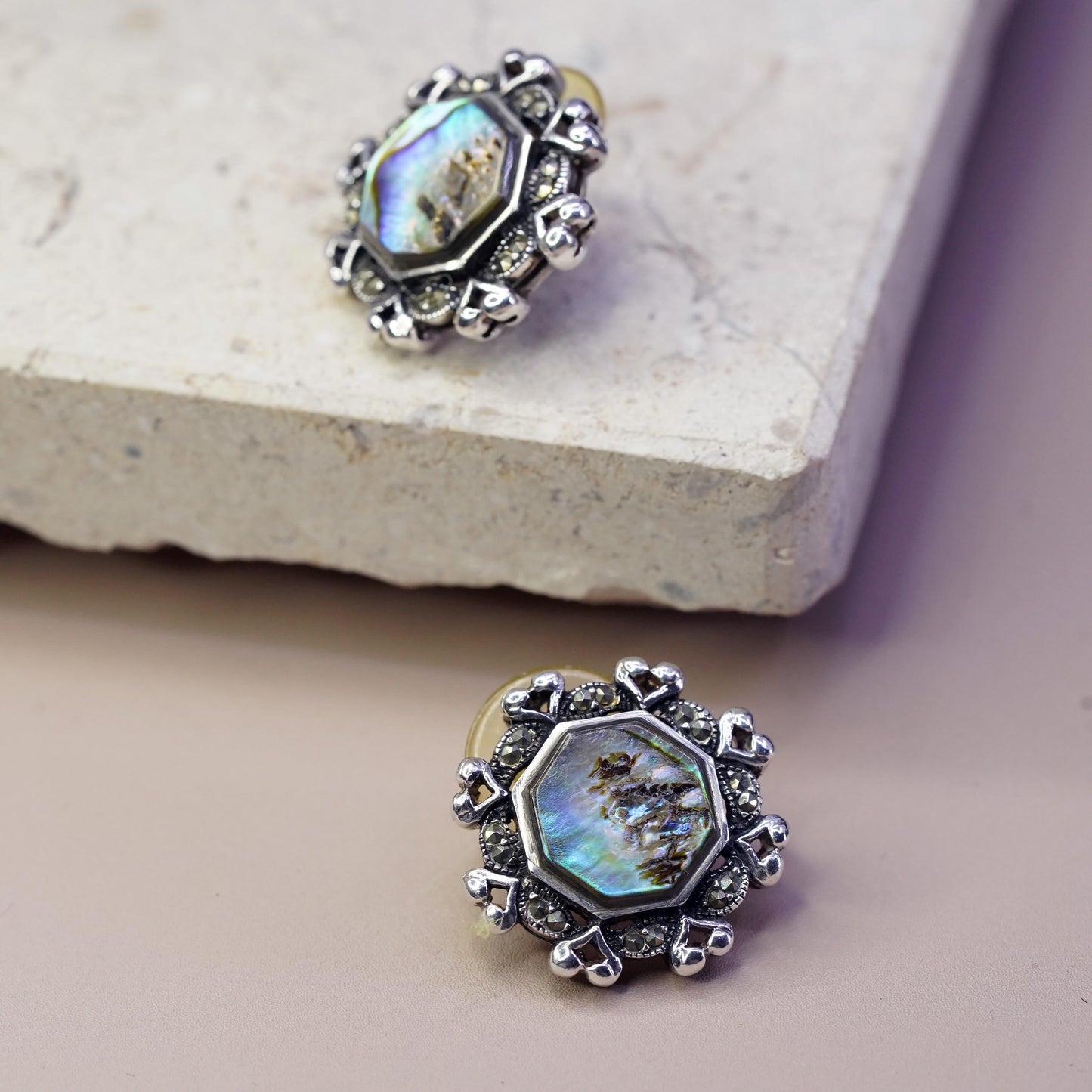 Vintage Thailand Sterling 925 silver Hexagram studs earrings with abalone inlay