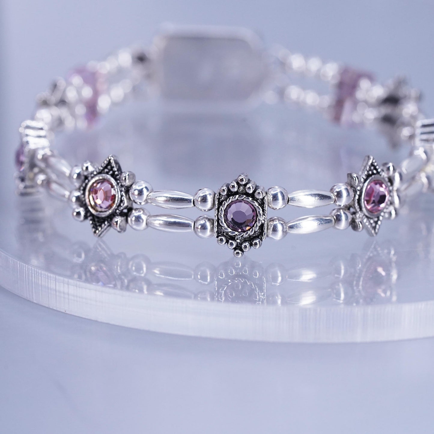 6.5”, Vintage Sterling 925 silver tennis bracelet chain with amethyst