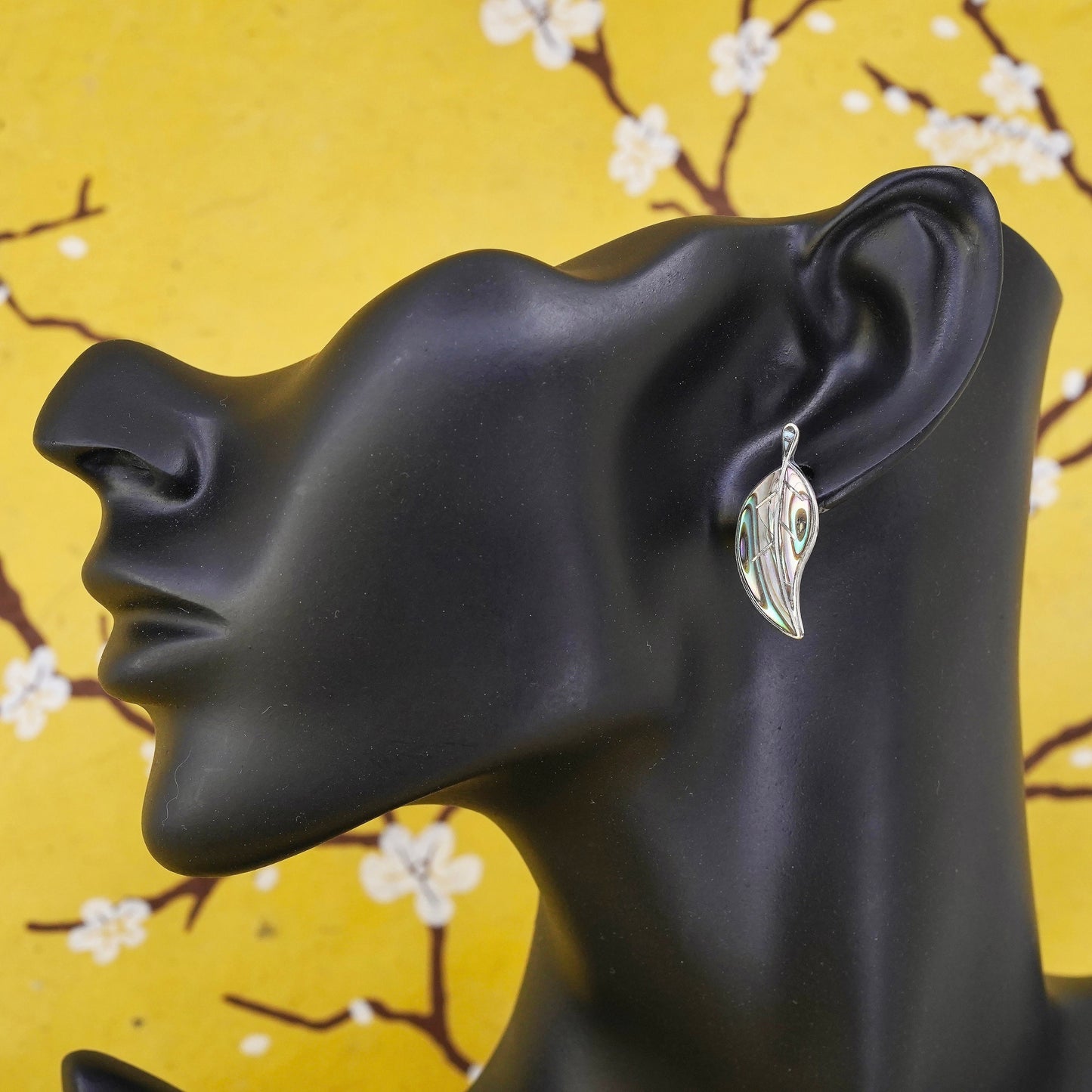 Vintage Mexican Sterling Silver handmade Earrings, 925 leaf studs with abalone