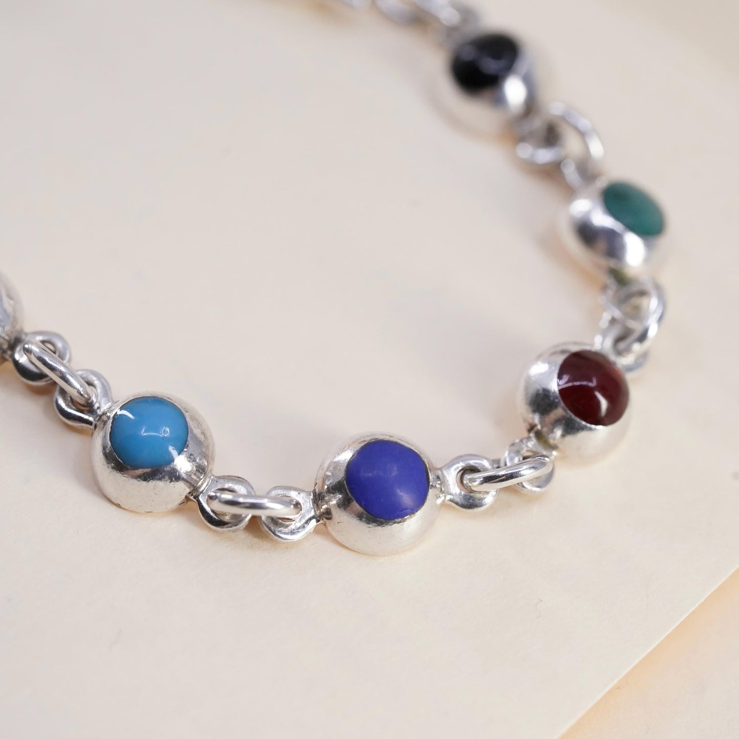 6.25” VTG Sterling 925 Silver Multi Gemstone Bracelet, Turquoise carnelian Onyx