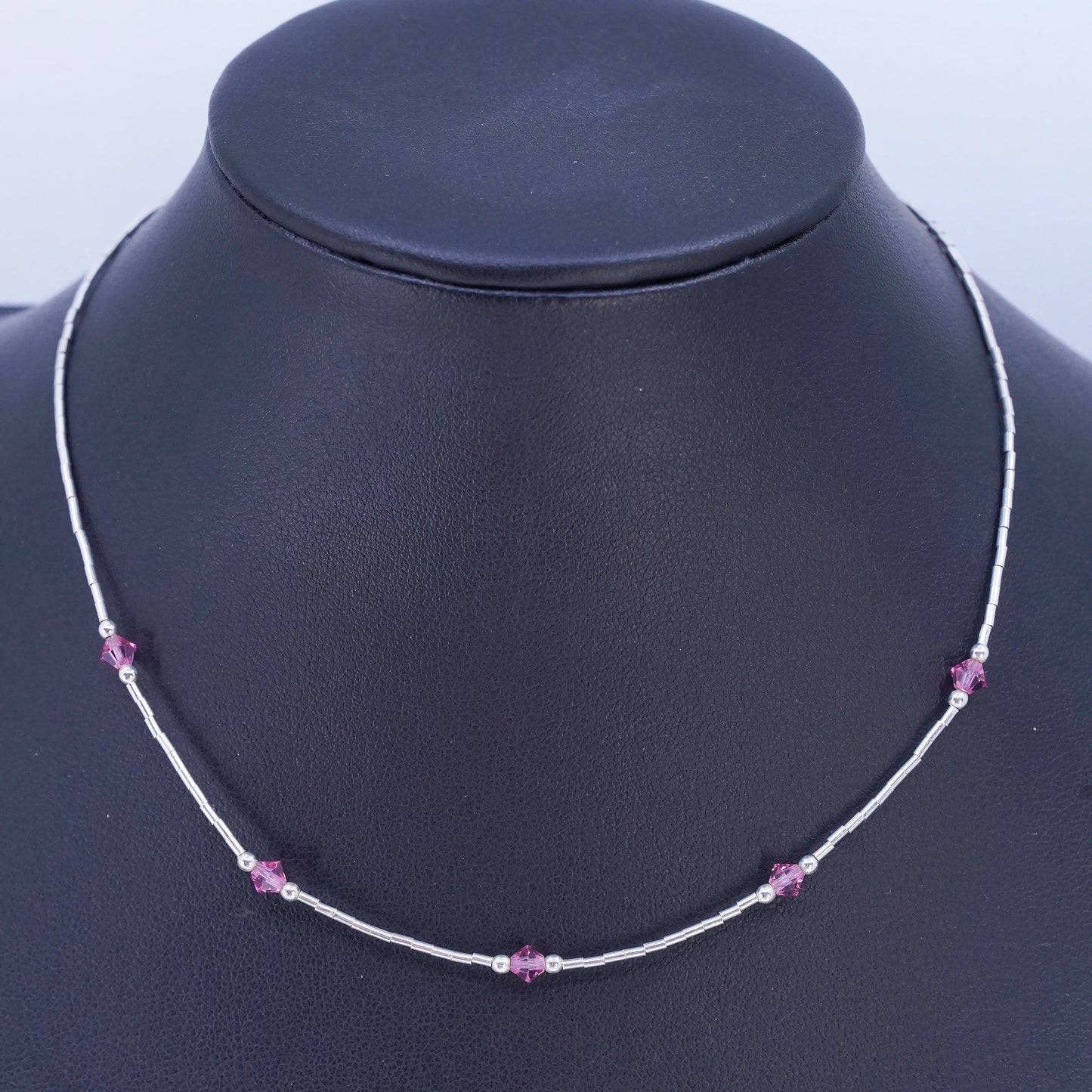 14”, Native American Sterling 925 liquid silver necklace pink crystal beads
