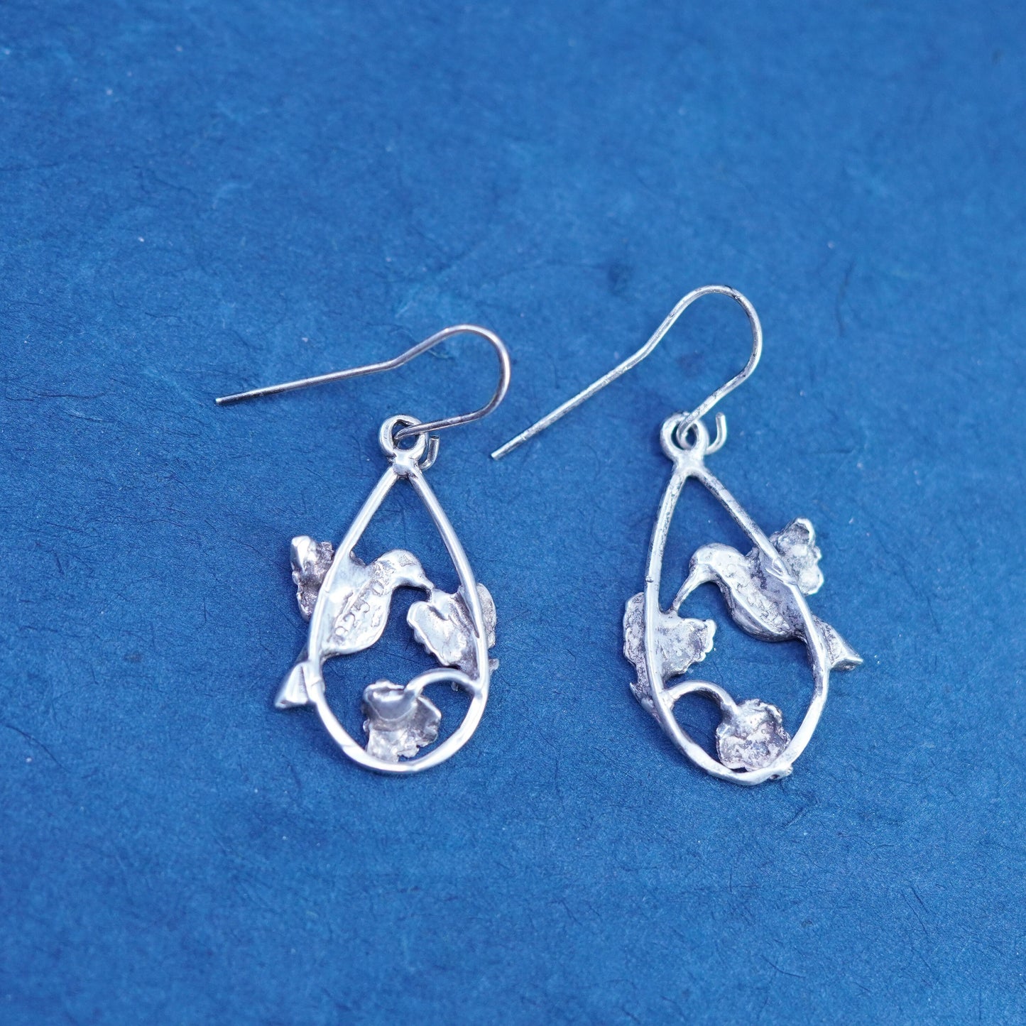 Vintage Sterling silver handmade bird earrings, 925 hummingbird dangles