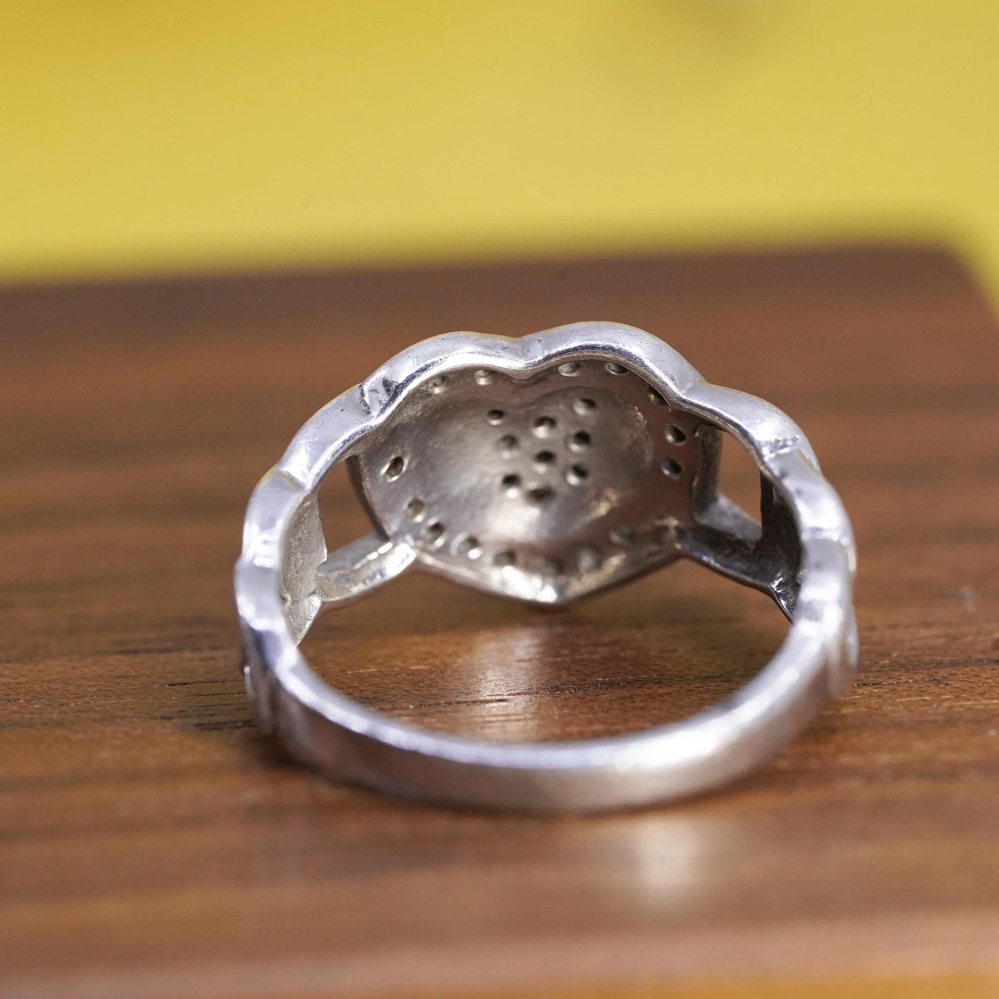 Size 6.5, vintage Sterling silver ring, 925 heart band with cluster diamonds