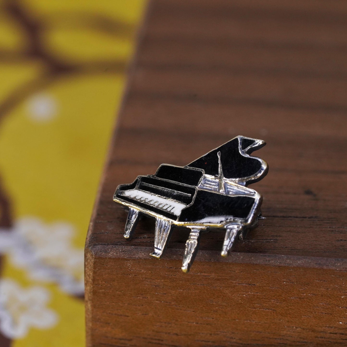 Vintage antique southwestern handmade sterling silver black enamel piano brooch