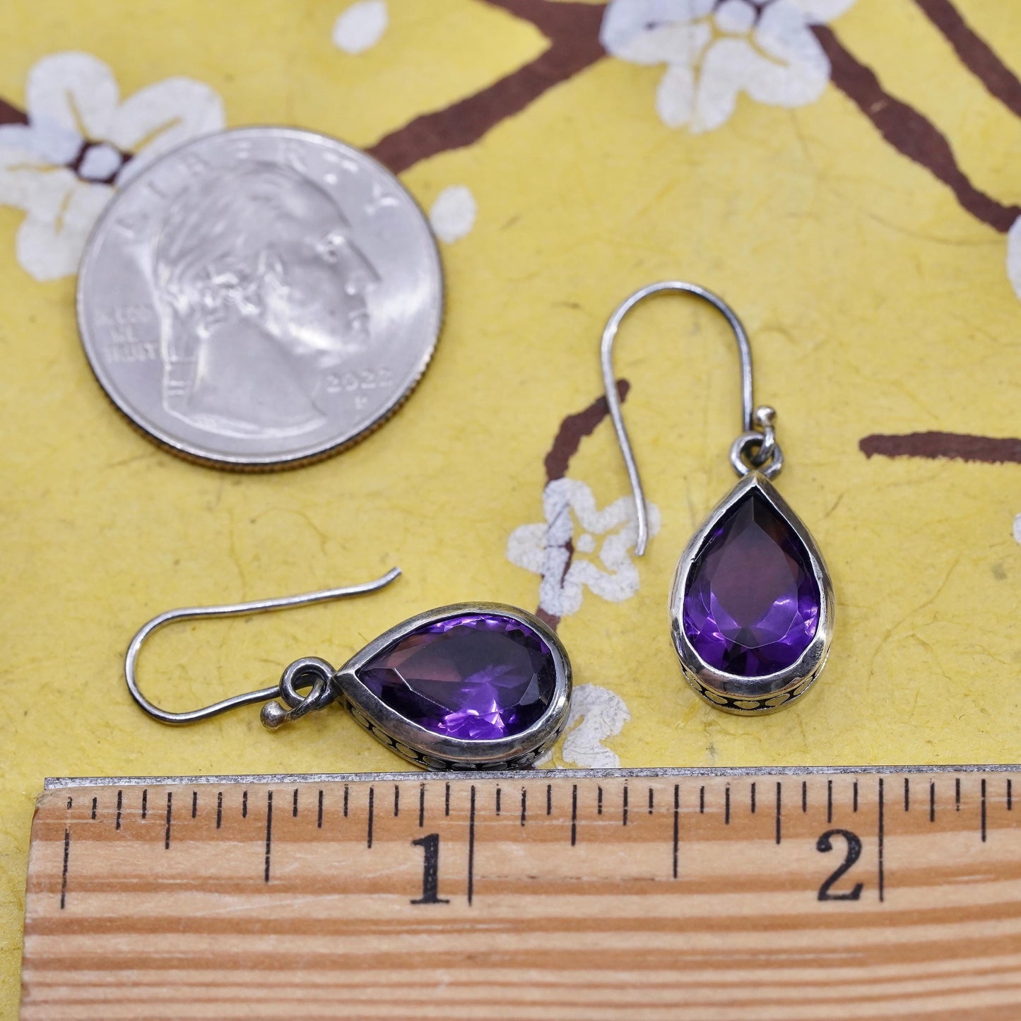 Vintage Sterling 925 silver handmade teardrop earrings with amethyst and beads