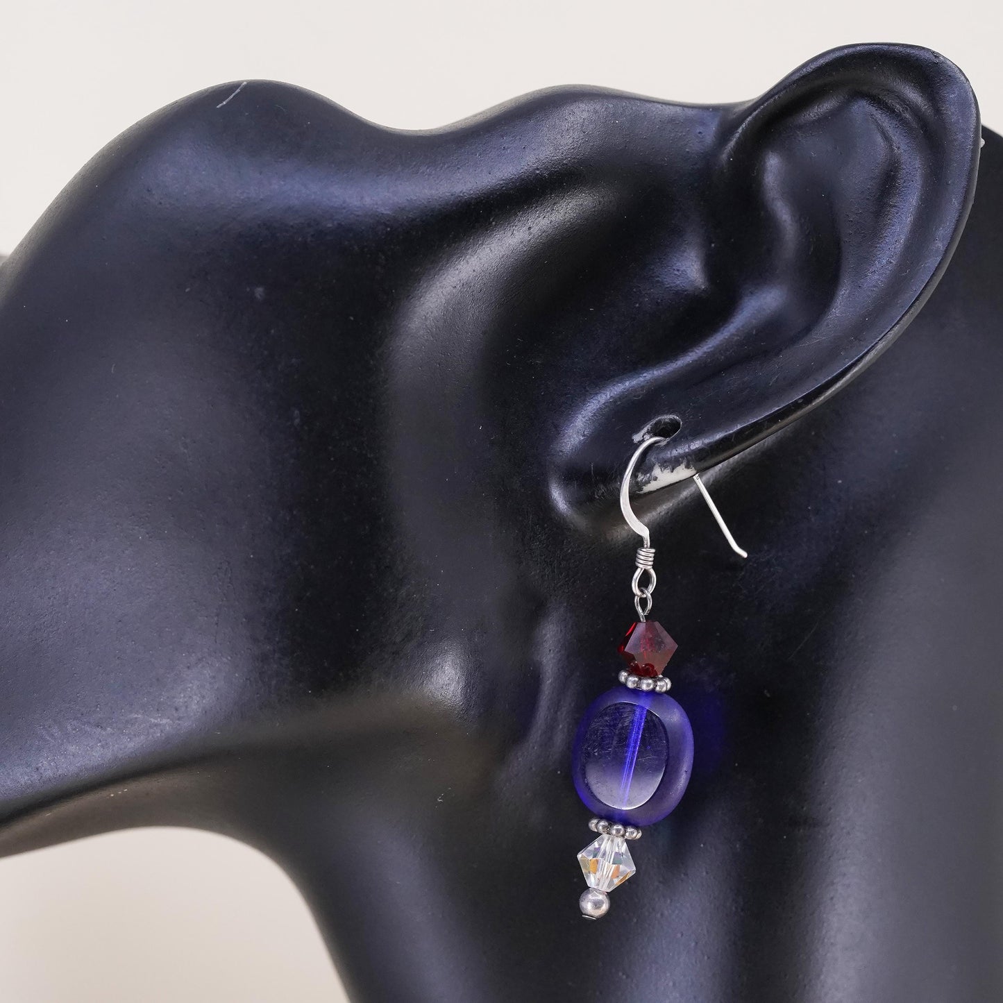 VTG Sterling silver handmade earrings, 925 hooks blue artisan glass drops ruby