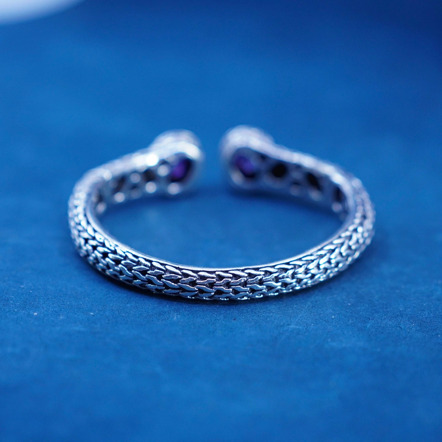 6.5”, sterling silver handmade bracelet, 925 cable cuff with amethyst ends