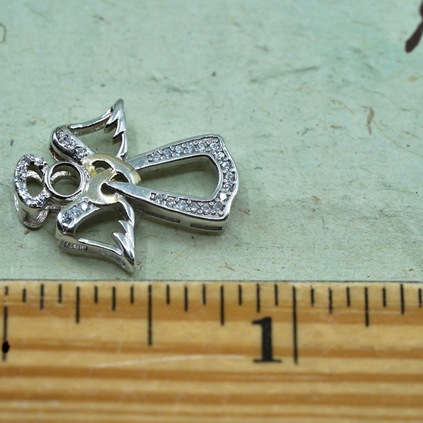 Vintage Sterling silver angel pendant, 925 charm with diamond detail