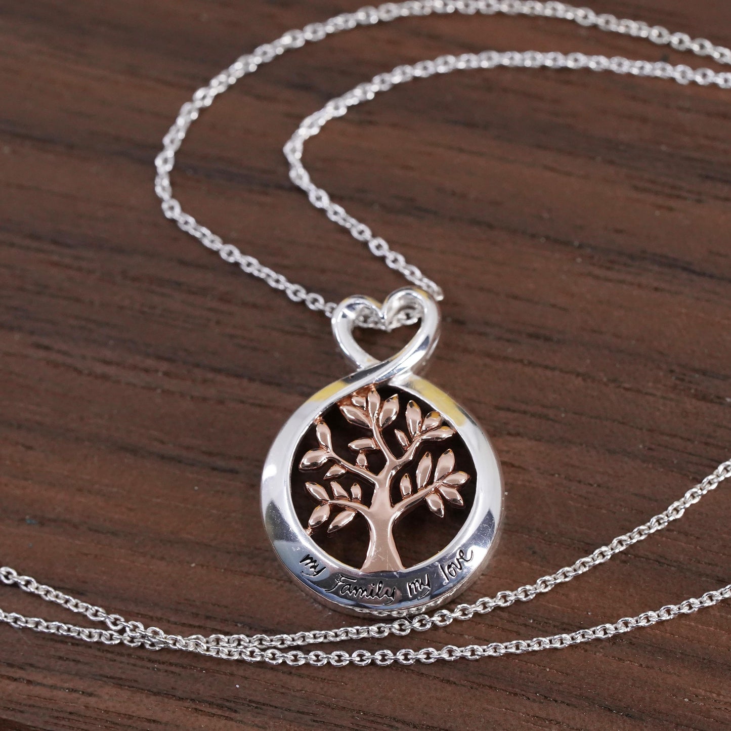 16+2” two tone Sterling silver necklace, 925 family tree pendant my family love