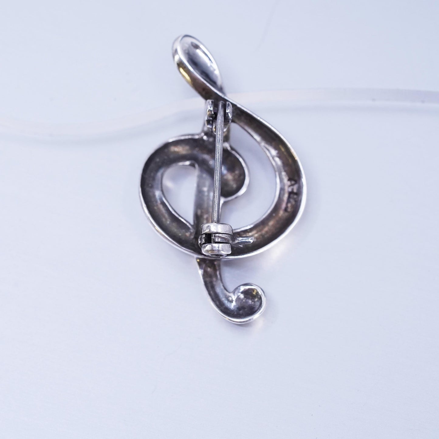 Vintage sterling silver handmade brooch, modern 925 music note symbol pin