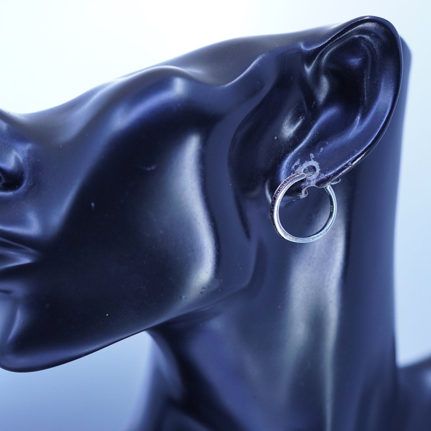 0.75”, Sterling silver handmade earrings, 925 huggie hoops with black diamond