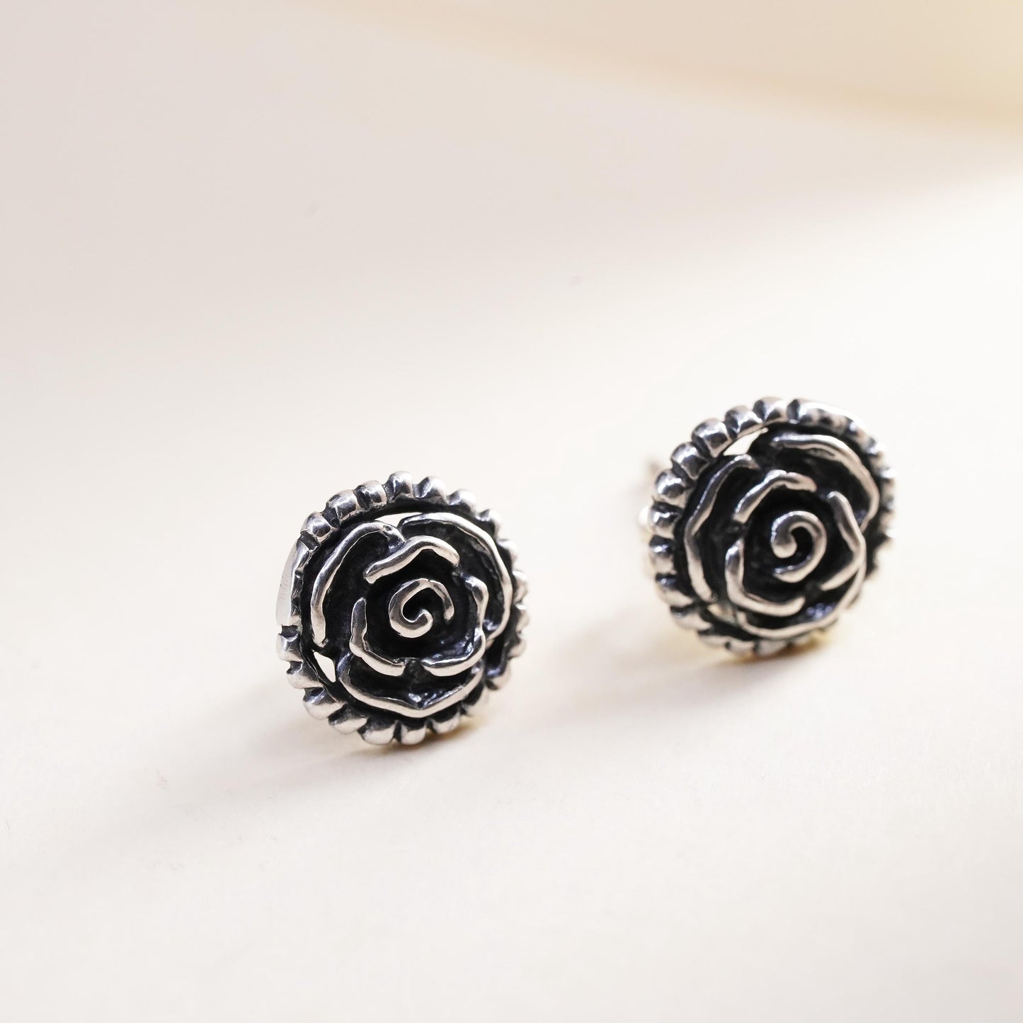 Vintage Sterling silver handmade earrings, 925 rose flower studs
