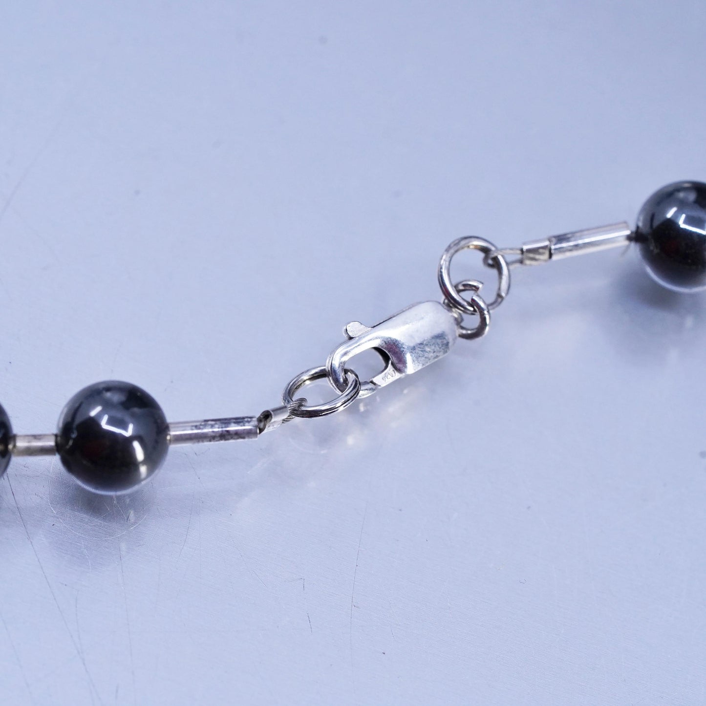 17" 7mm, Vintage Sterling 925 silver handmade necklace with hematite beads