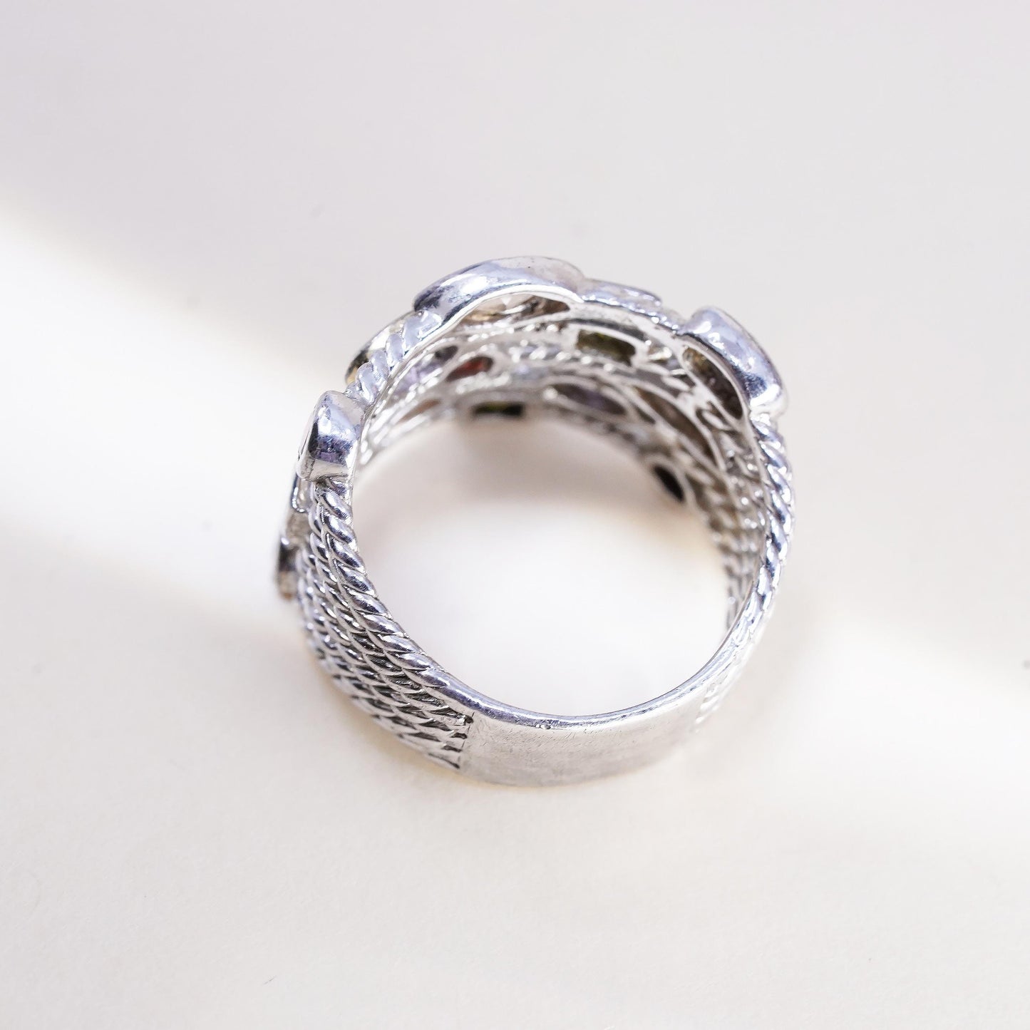 Size 9, 925 Sterling Silver Multi Gemstone Wide Cable Band Ring, Peridot Topaz