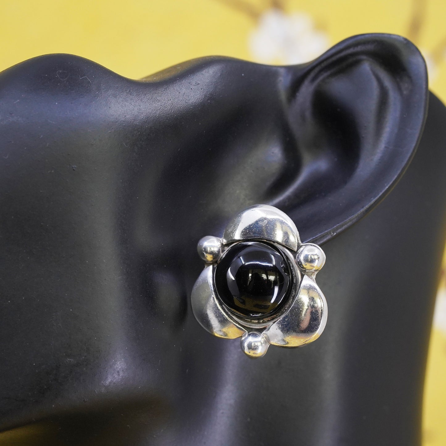 Mexican Sterling silver earrings, studs, huge 925 floral studs with black onyx