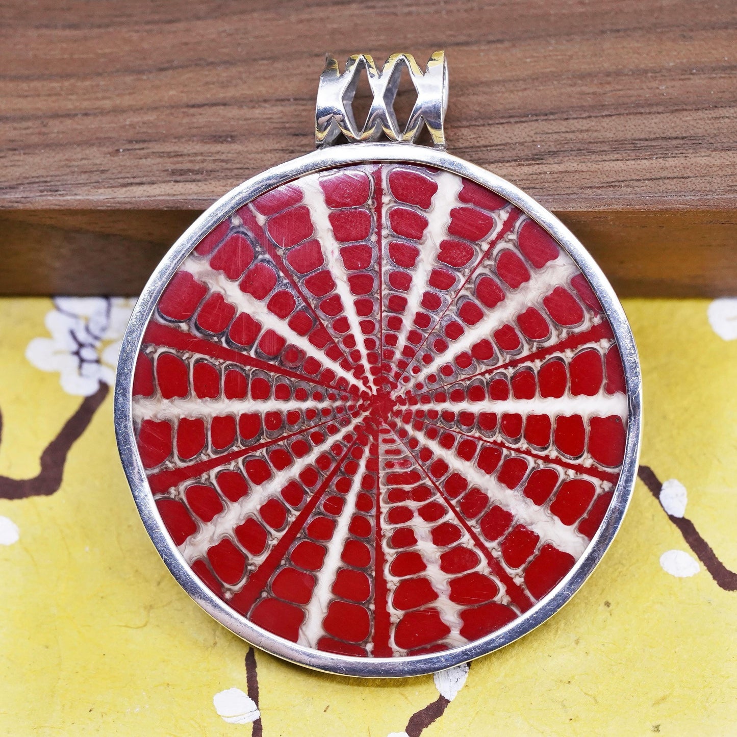 Vintage Sterling silver handmade pendant, 925 frame with red fossil shell