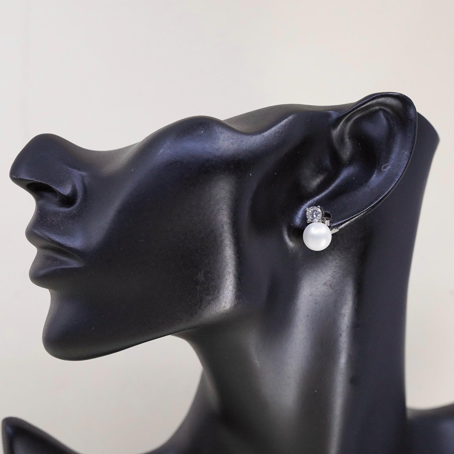 Vintage LUC sterling silver earrings, 925 studs with pearl and cz