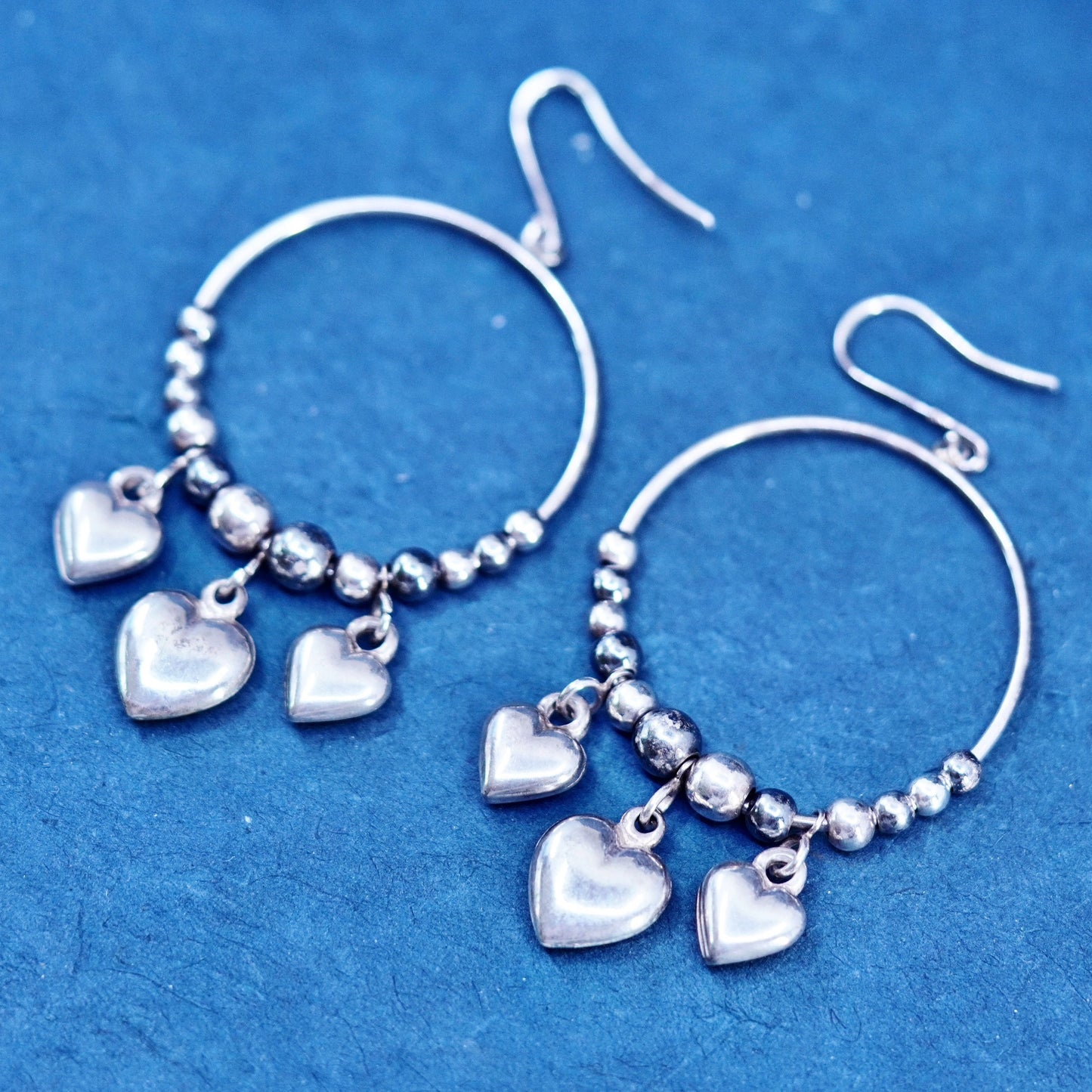 Vintage Italian Sterling silver handmade circle earrings, 925 heart charms