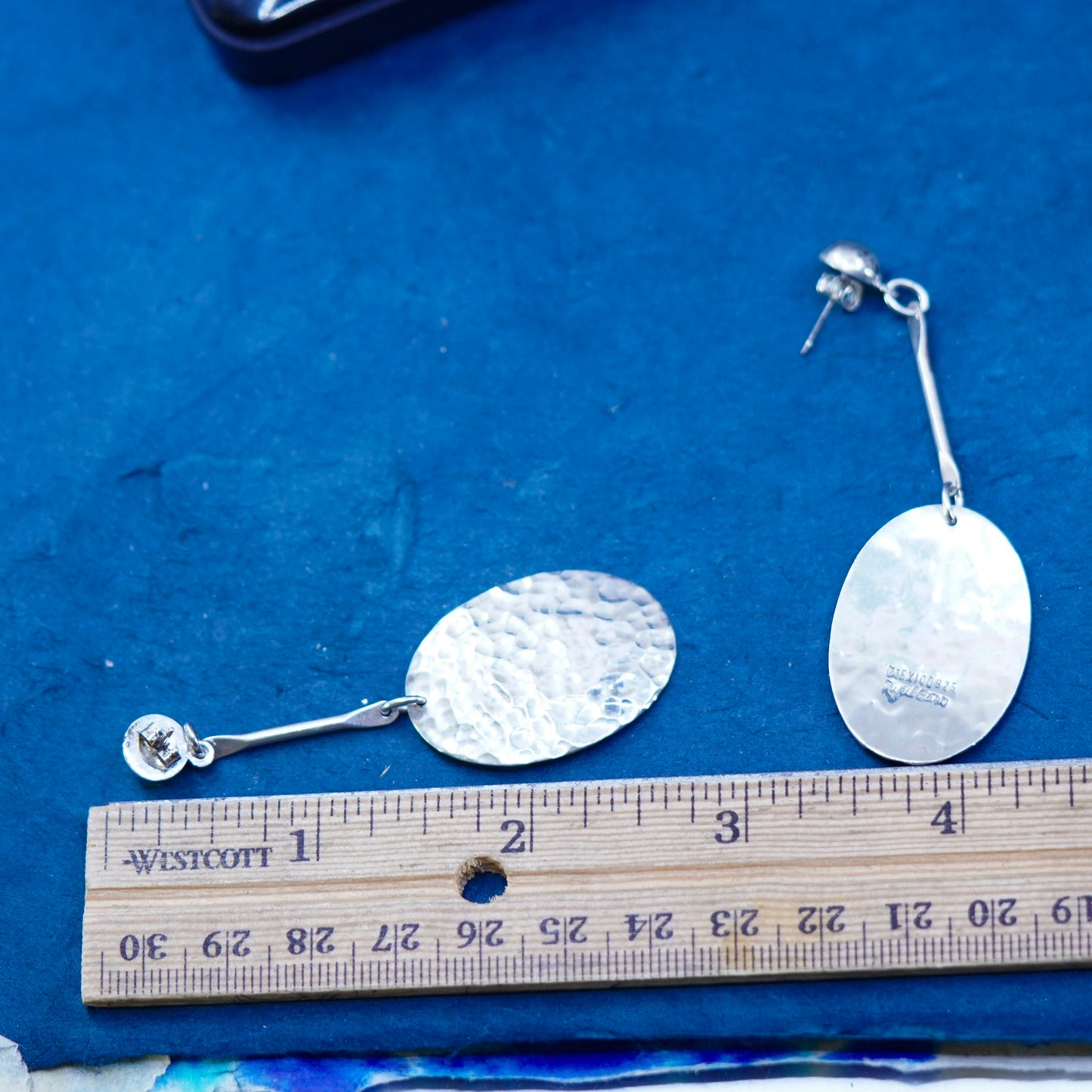Vintage Mexican Royal Caro 925 Silver Dangle Earrings Oval Hammered 3 Inch Drop