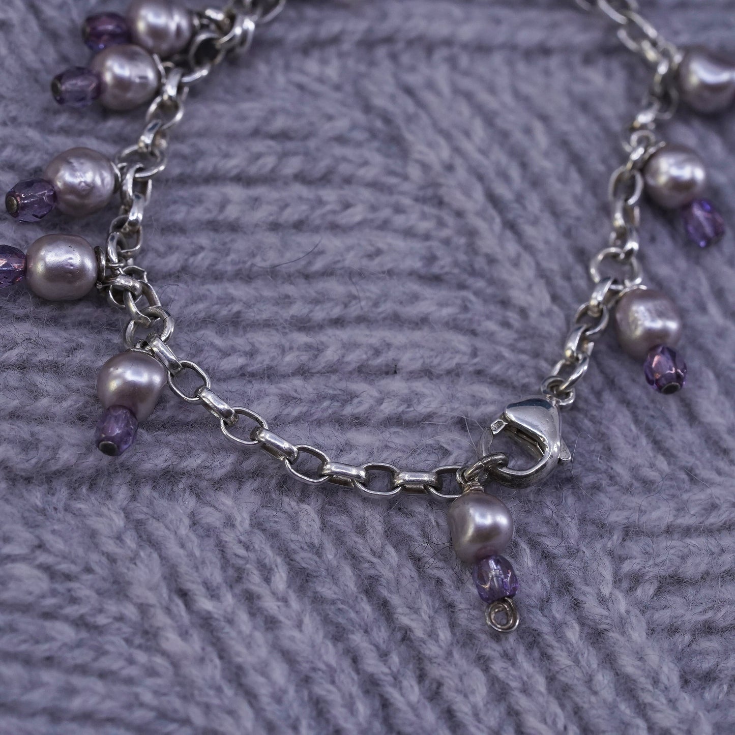8.25”, vintage Sterling silver handmade bracelet, 925 circle chain gray pearl