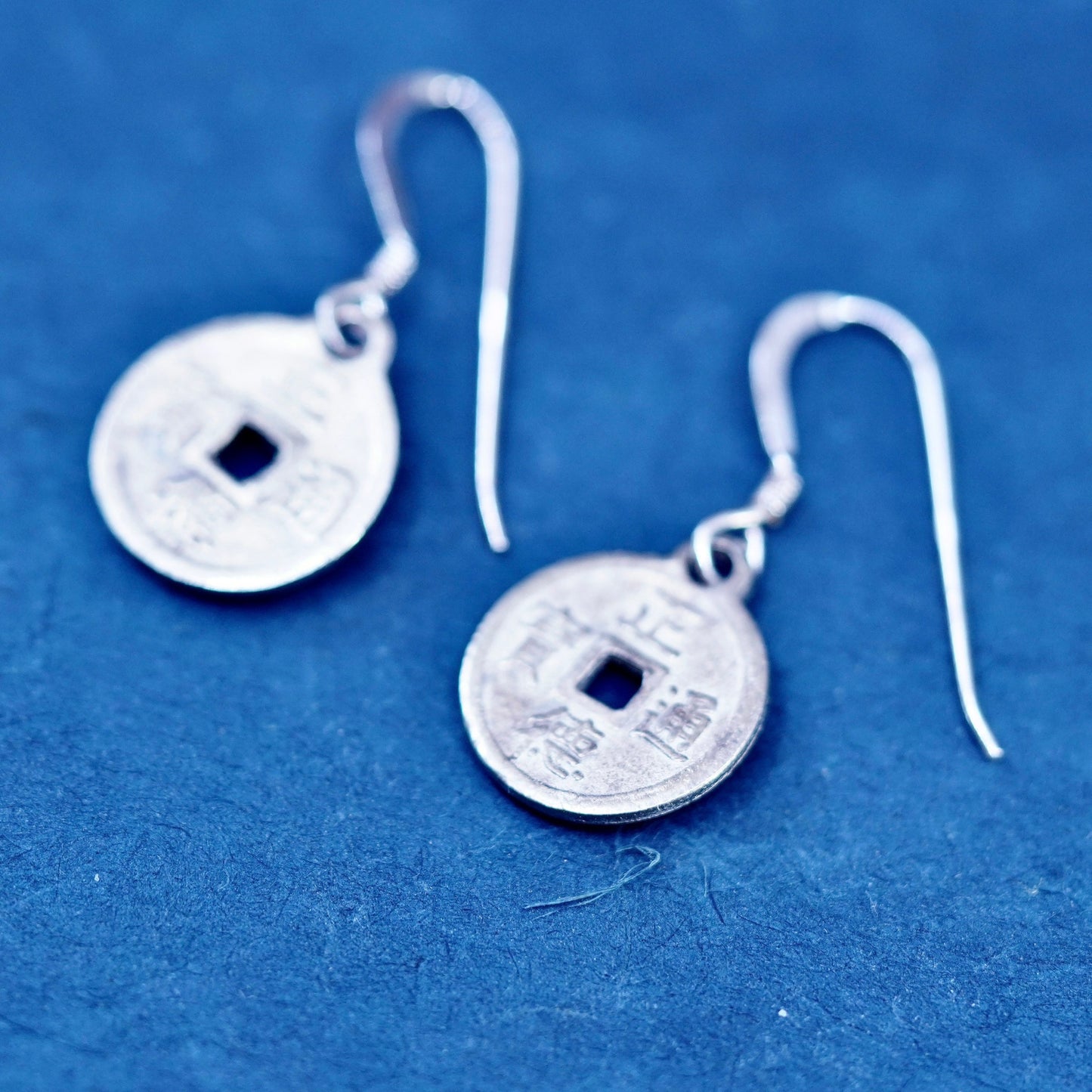 mexico Sterling Silver handmade Earrings. 925 ancient Chinese coin disc dangles