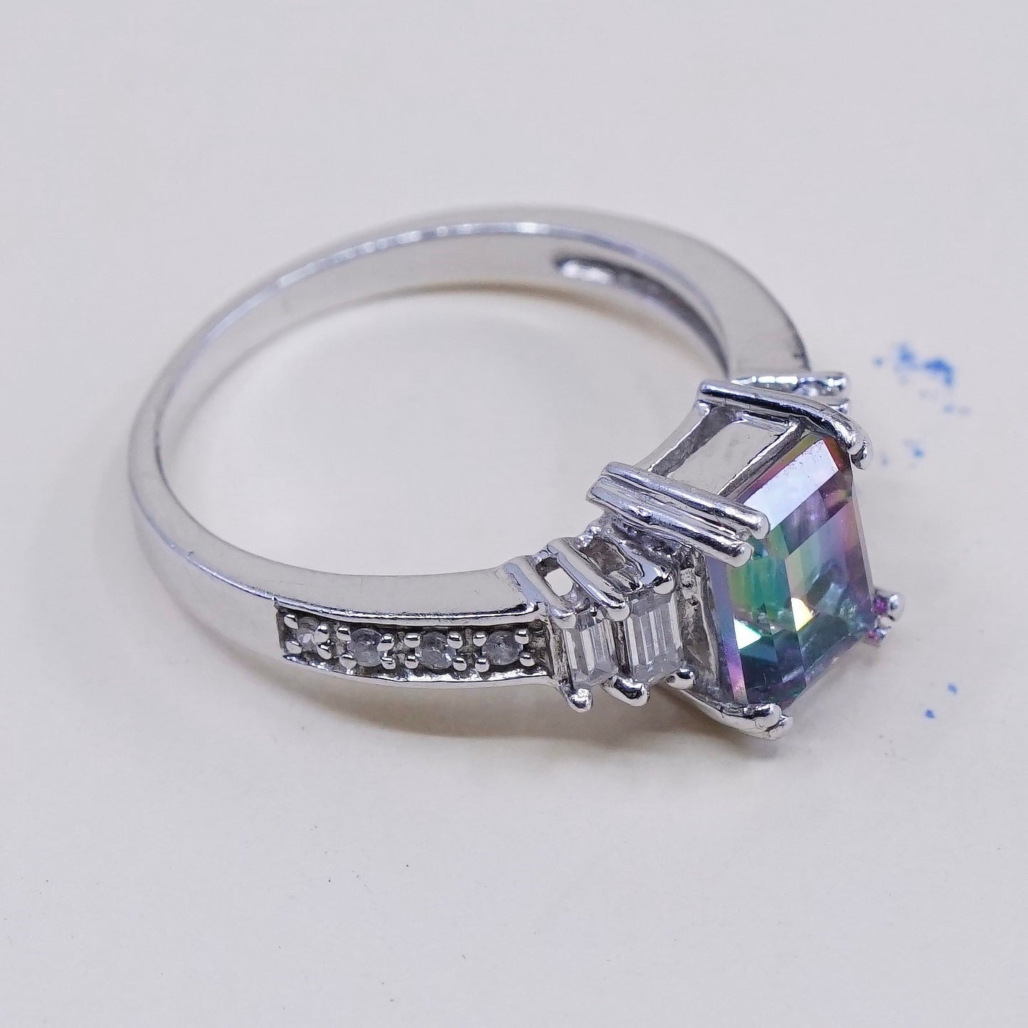 Size 7, vintage Sterling 925 silver handmade ring with rainbow topaz and Cz