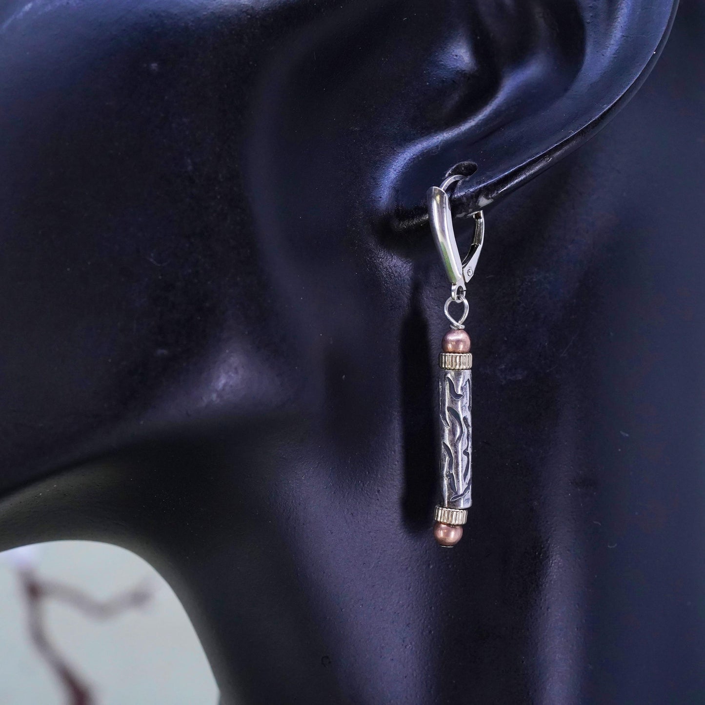 Vintage triple tone sterling 925 silver tube drops earrings with brass copper