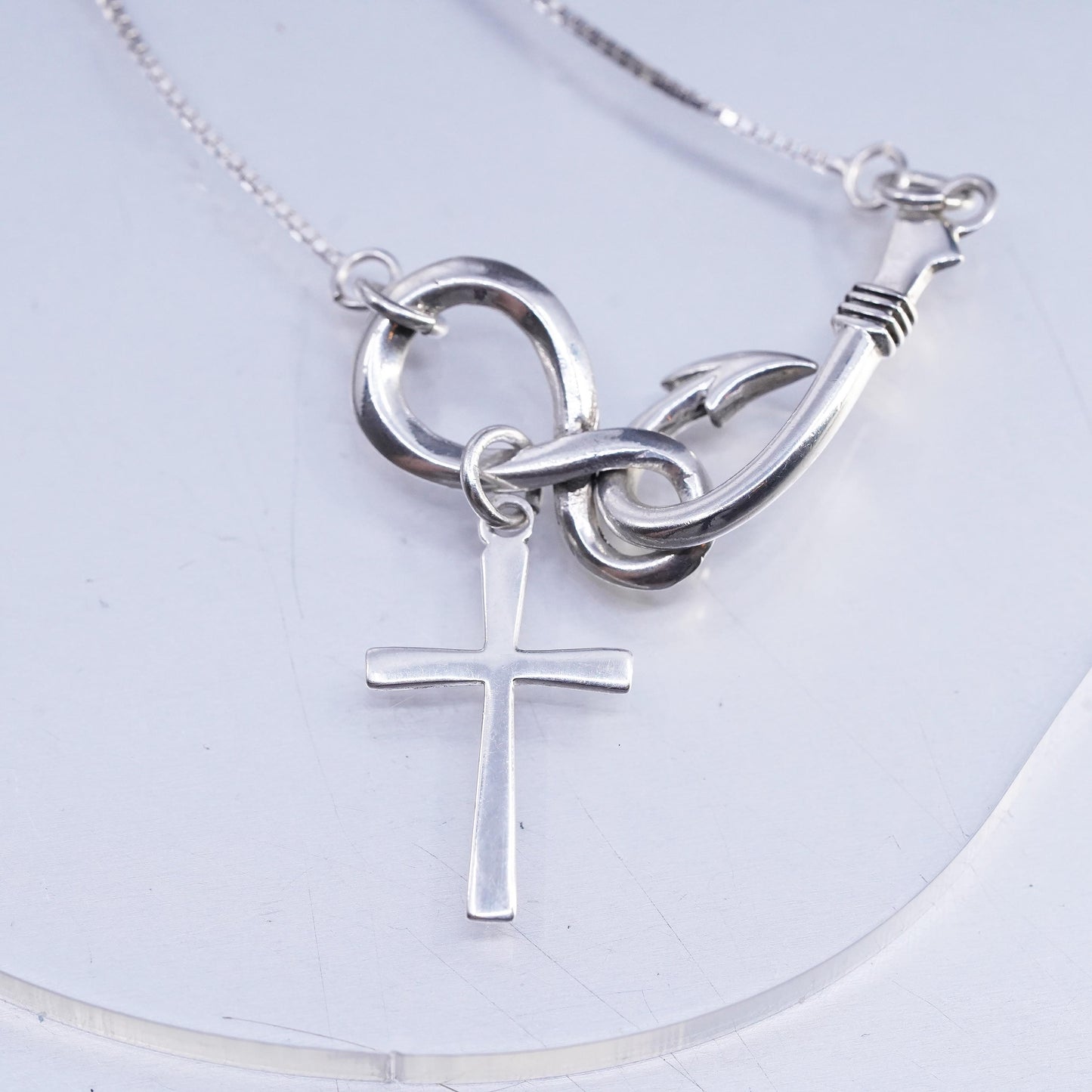 18" Sterling 925 Silver Fish Hook Infinity Cross Necklace, Pendant Christian
