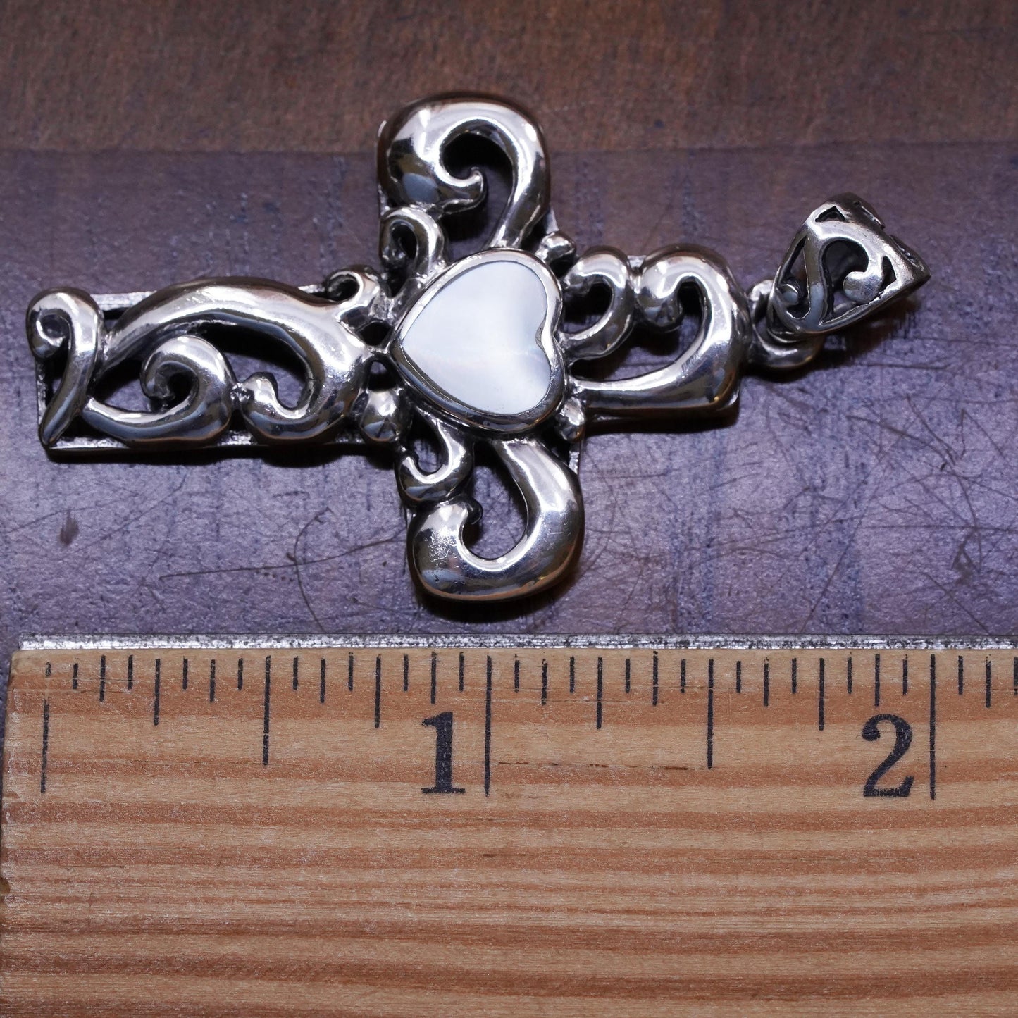 southwestern sterling silver pendant, swirly 925 cross heart mother of pearl