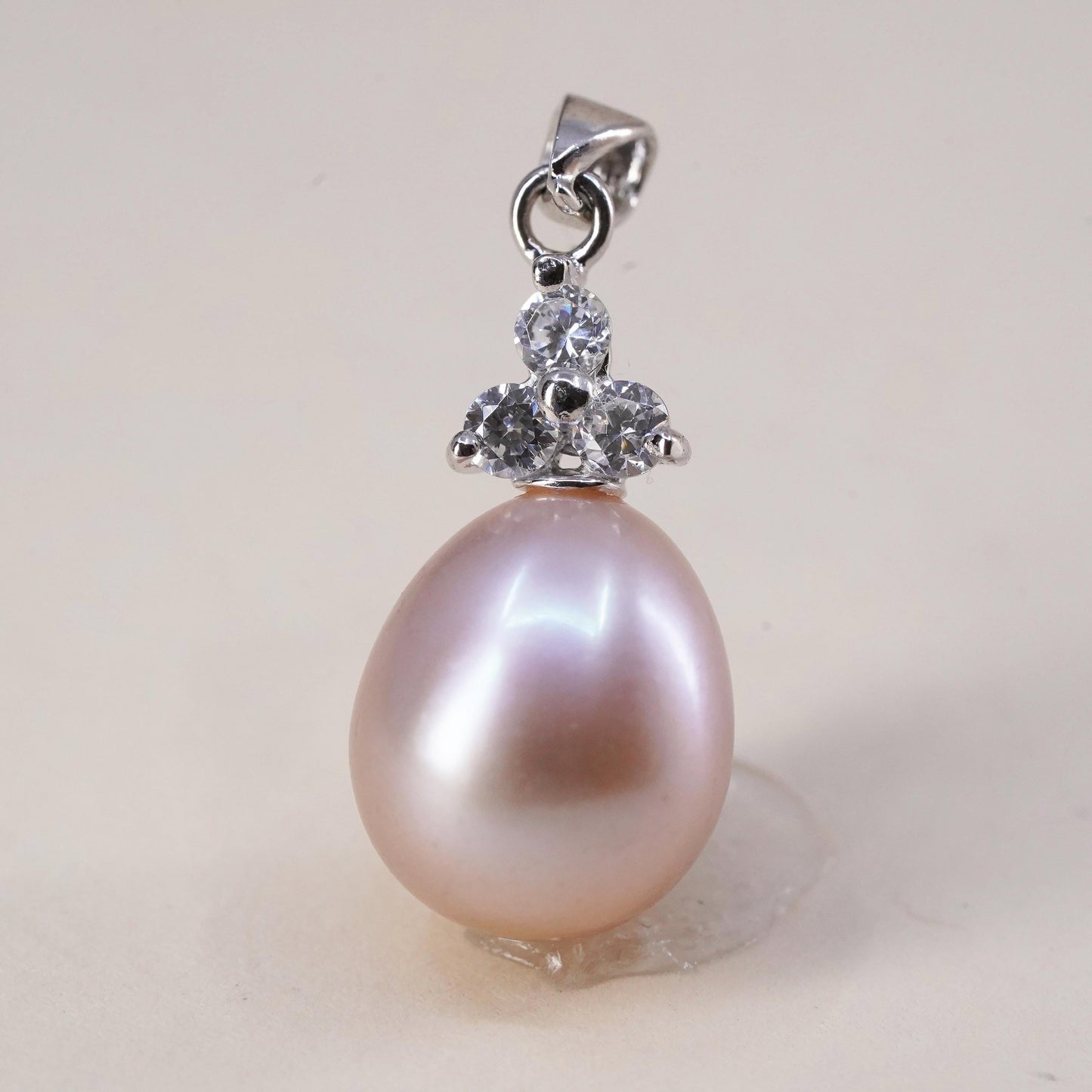 Vintage sterling 925 silver handmade pendant with teardrop pink pearl and cz