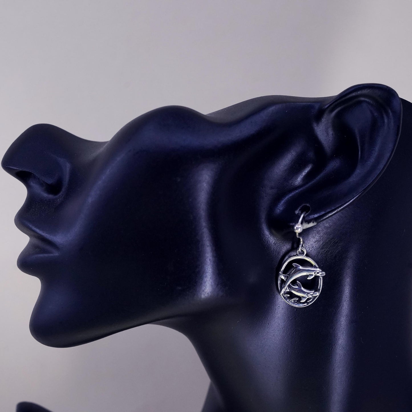 Vintage sterling 925 silver handmade dolphin drop earrings