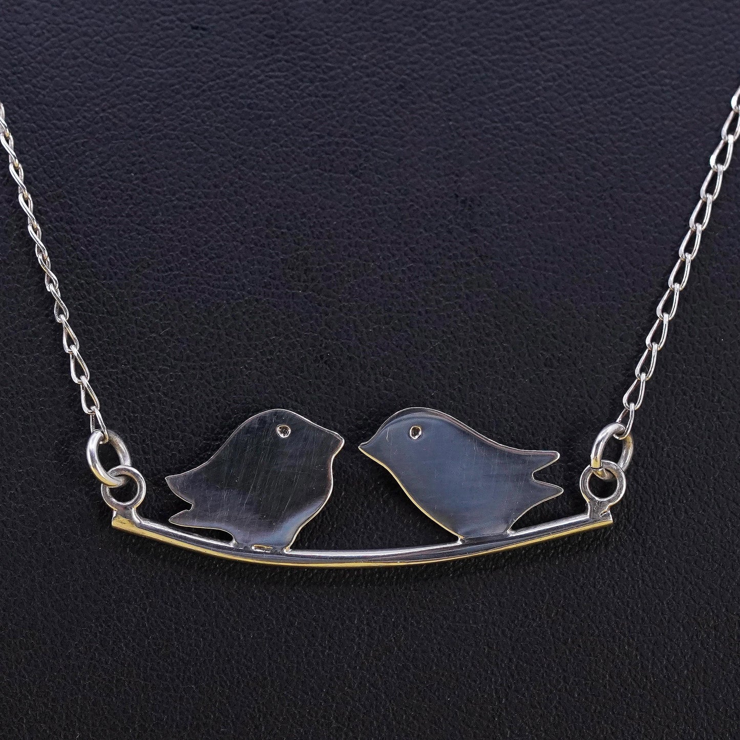 18+2” 1.6mm, vintage Sterling silver necklace, 925 curb chain love bird pendant